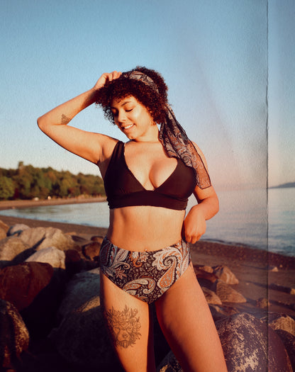 Black Paisley Bikini Bottom Reversible Swimsuit 